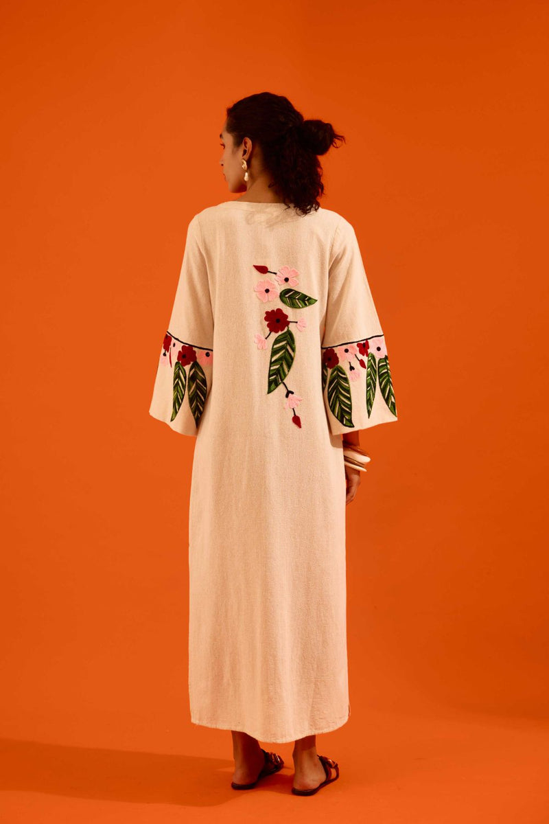 Natural Jute Maxi Dress With Multi Color Floral Thread Embroidery by Indian Summer Story in beige color for women Worldwide