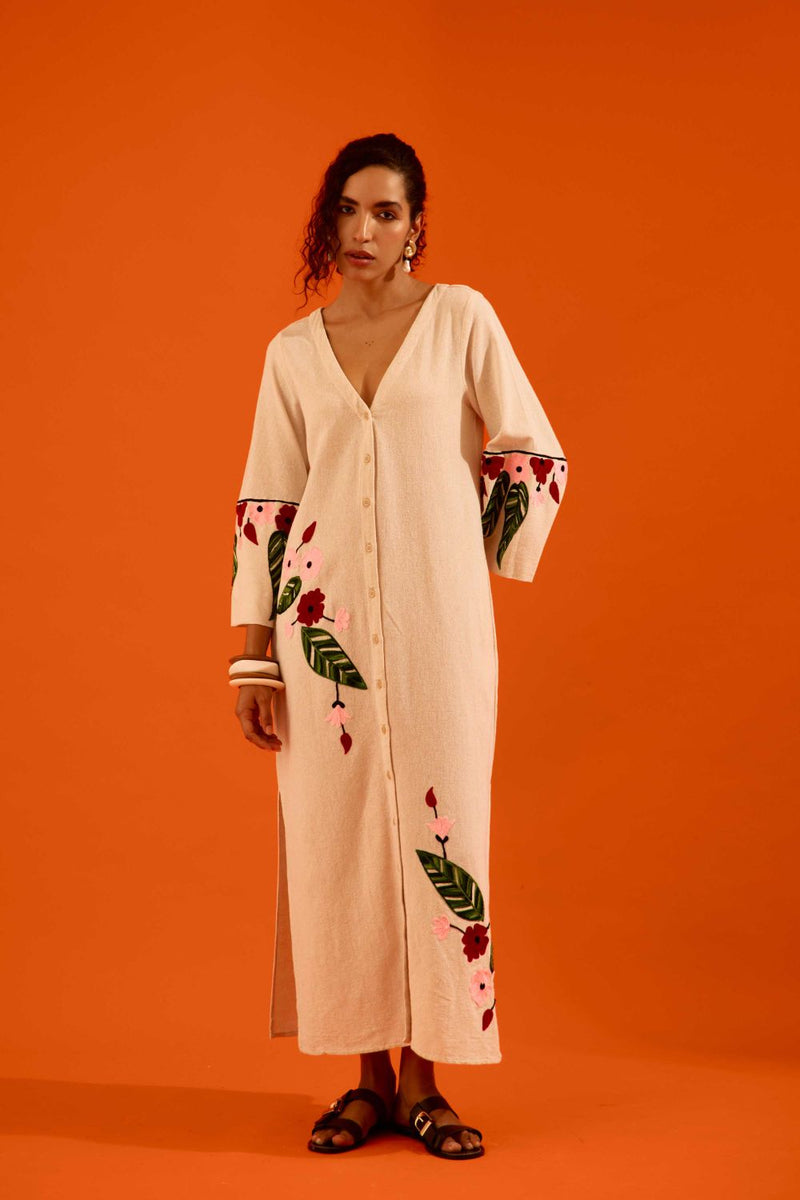 Natural Jute Maxi Dress With Multi Color Floral Thread Embroidery by Indian Summer Story in beige color for women Worldwide