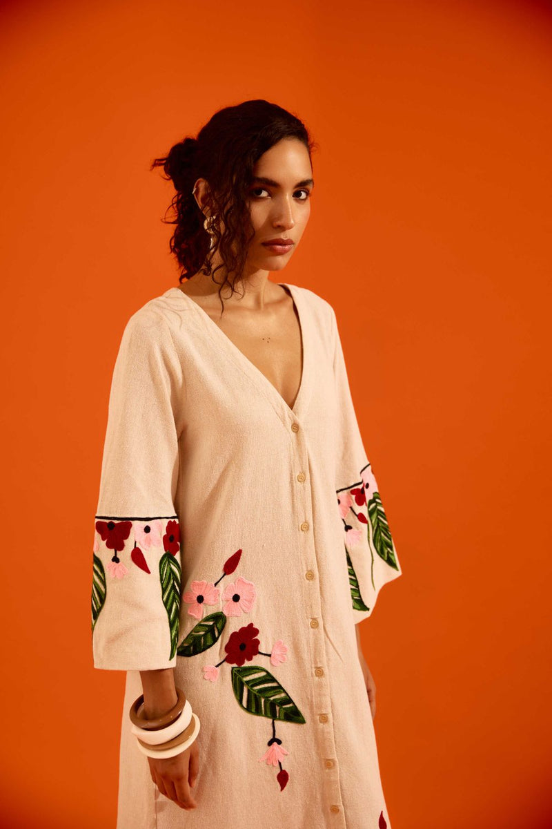 Natural Jute Maxi Dress With Multi Color Floral Thread Embroidery by Indian Summer Story in beige color for women Worldwide