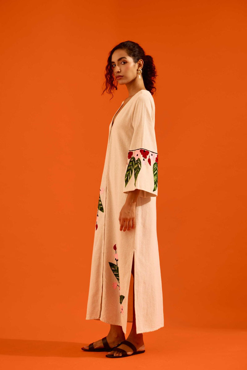 Natural Jute Maxi Dress With Multi Color Floral Thread Embroidery by Indian Summer Story in beige color for women Worldwide