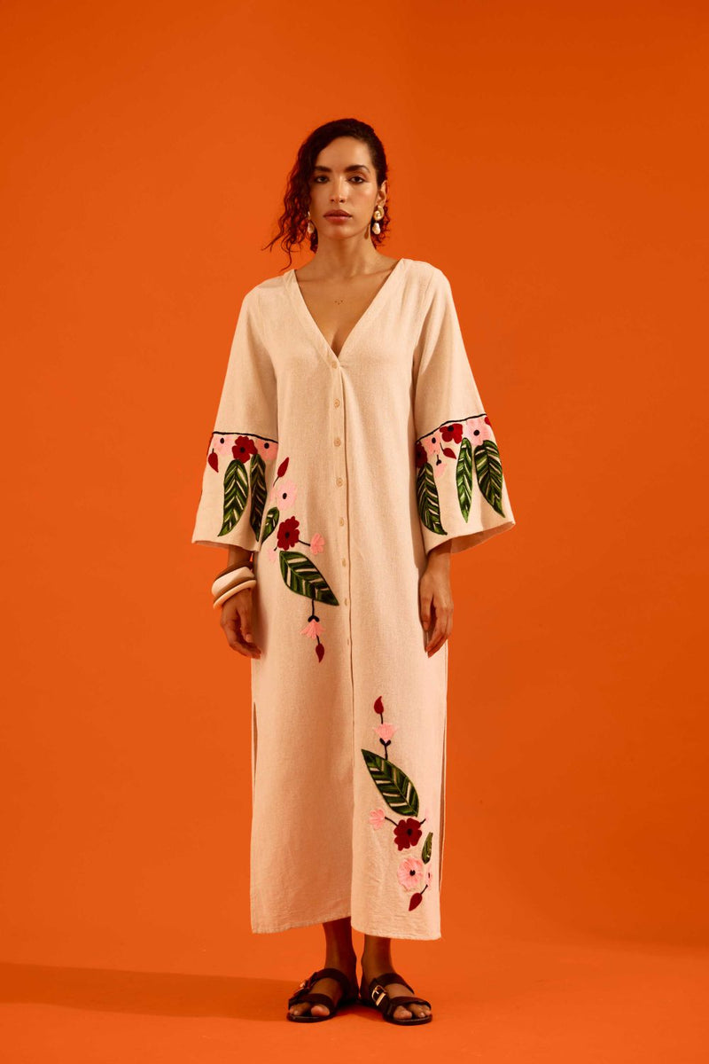 Natural Jute Maxi Dress With Multi Color Floral Thread Embroidery by Indian Summer Story in beige color for women Worldwide
