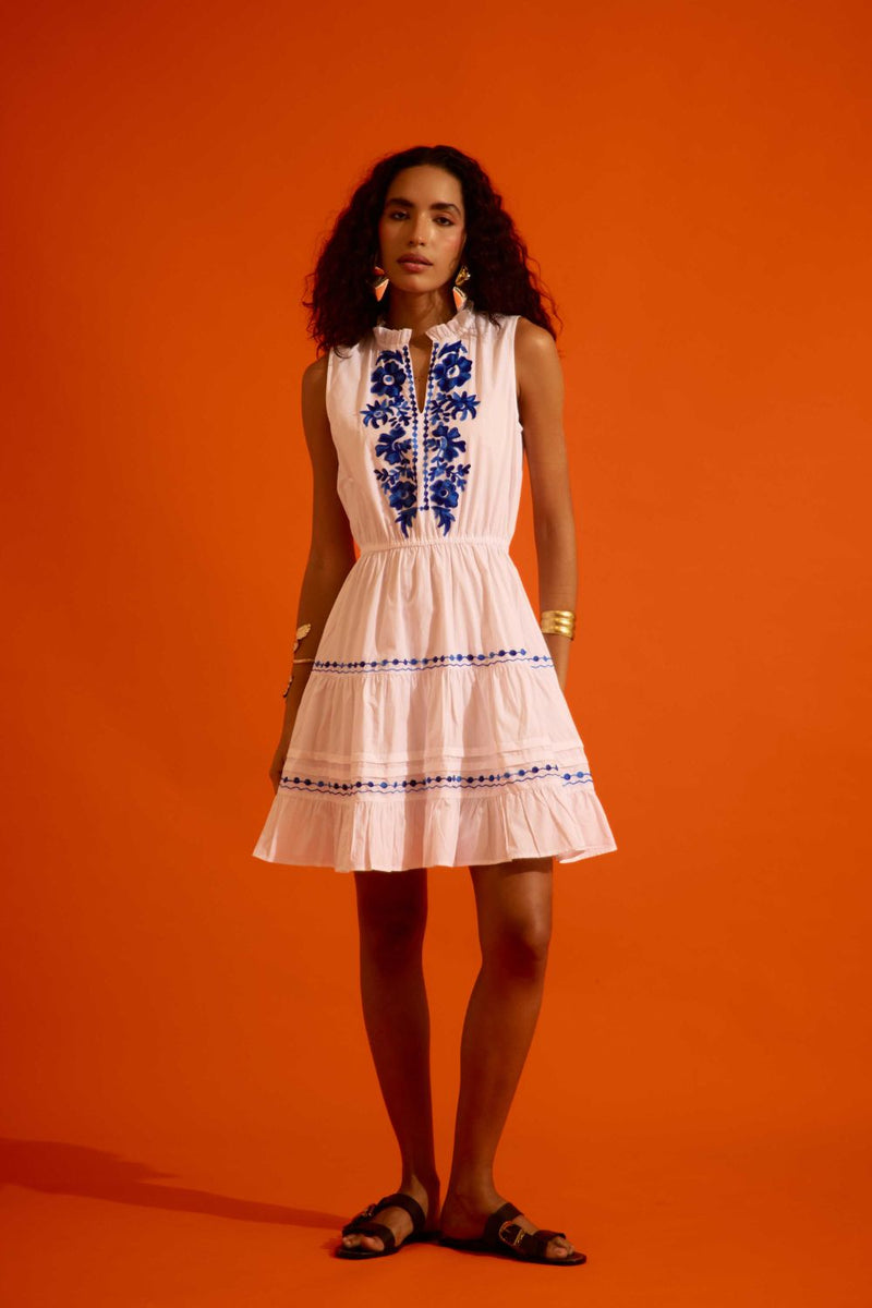 Ivory Tier Mini Dress With Indigo Botanica Thread Embroidery cotton by Indian Summer Story in ivory color for women Worldwide