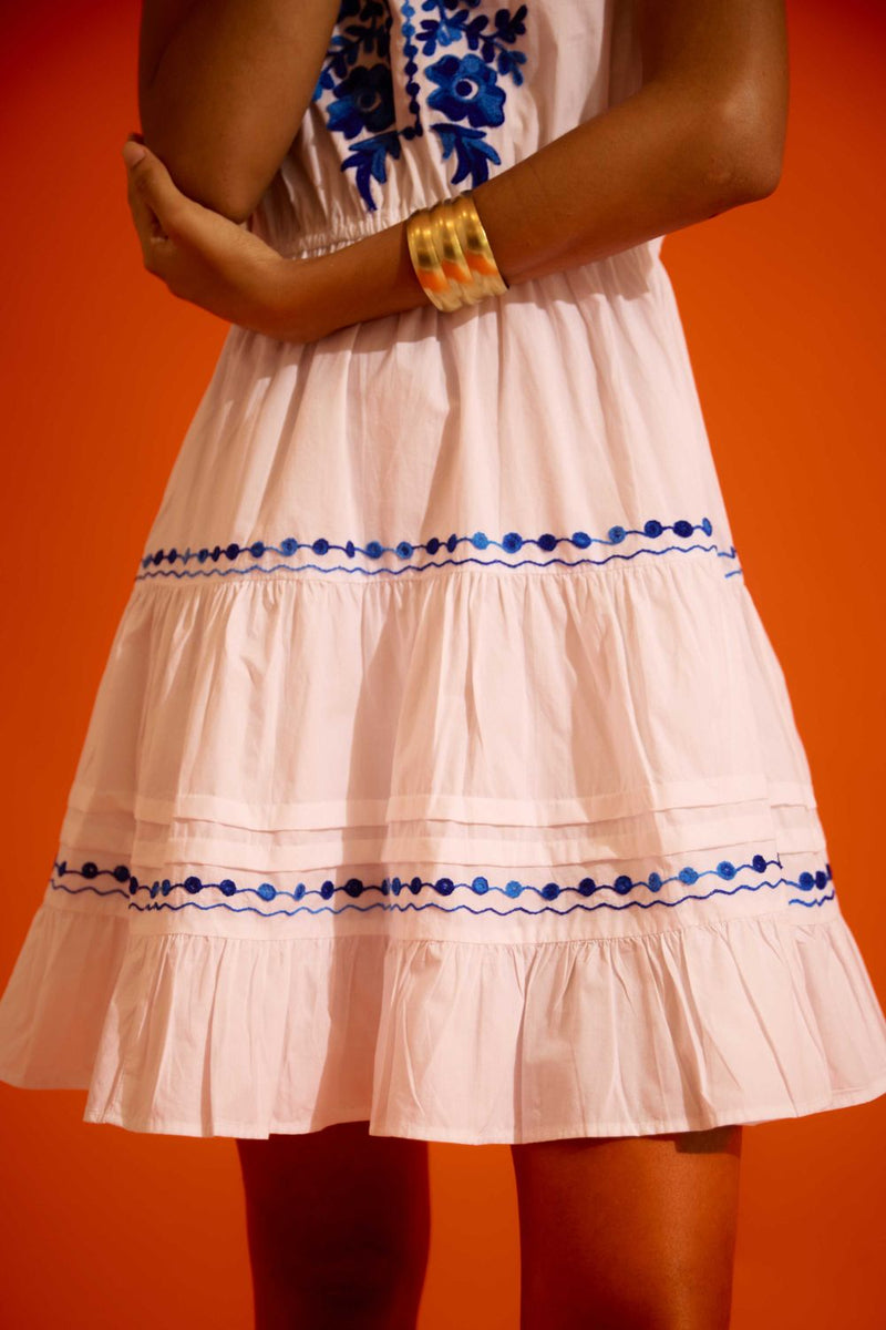 Ivory Tier Mini Dress With Indigo Botanica Thread Embroidery cotton by Indian Summer Story in ivory color for women Worldwide