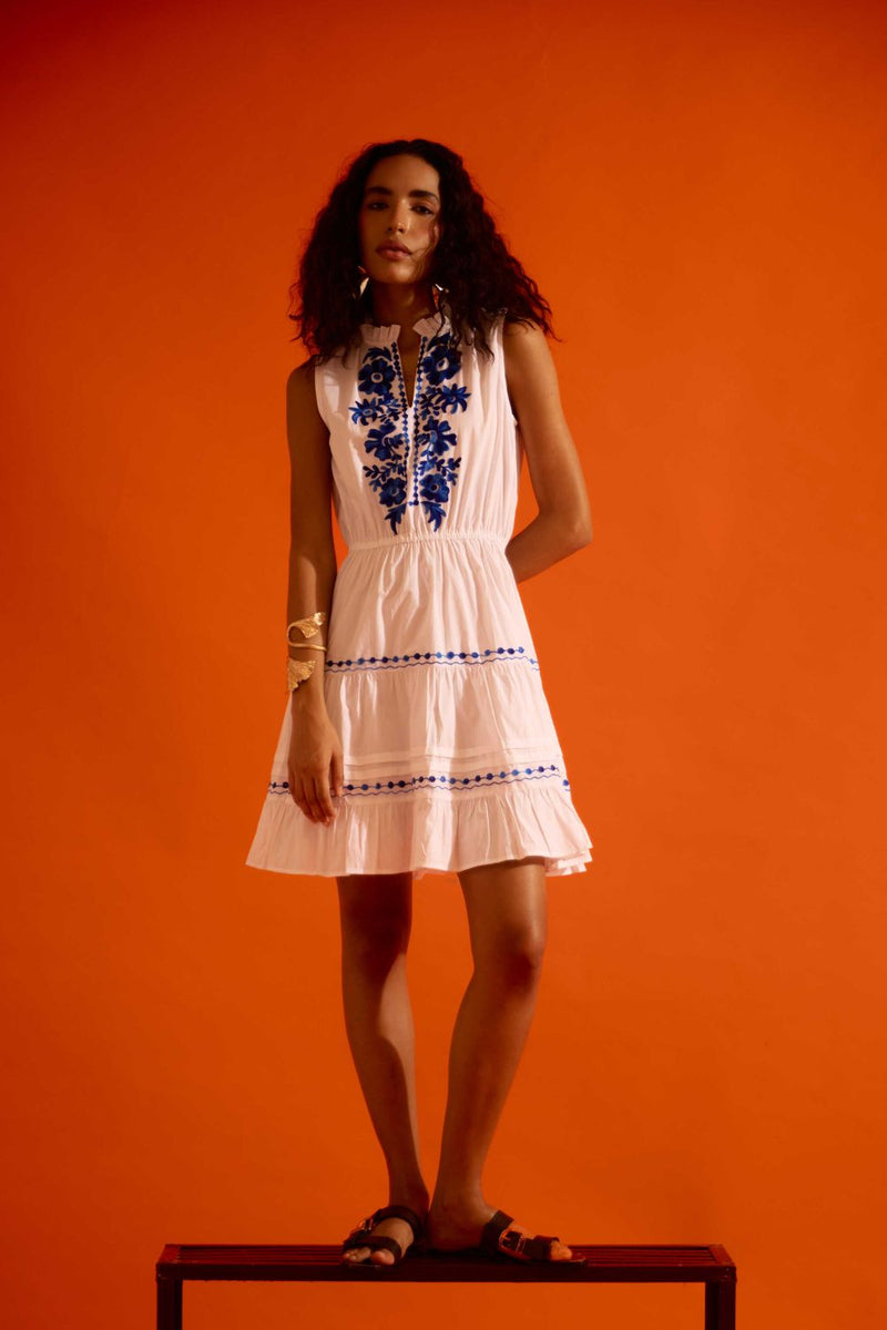Ivory Tier Mini Dress With Indigo Botanica Thread Embroidery cotton by Indian Summer Story in ivory color for women Worldwide