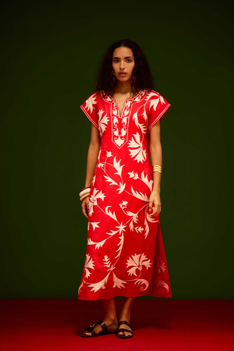 Scarlet Maxi Dress With Ivory Garden Thread Embroidery poplin by Indian Summer Story in orange color for women Worldwide