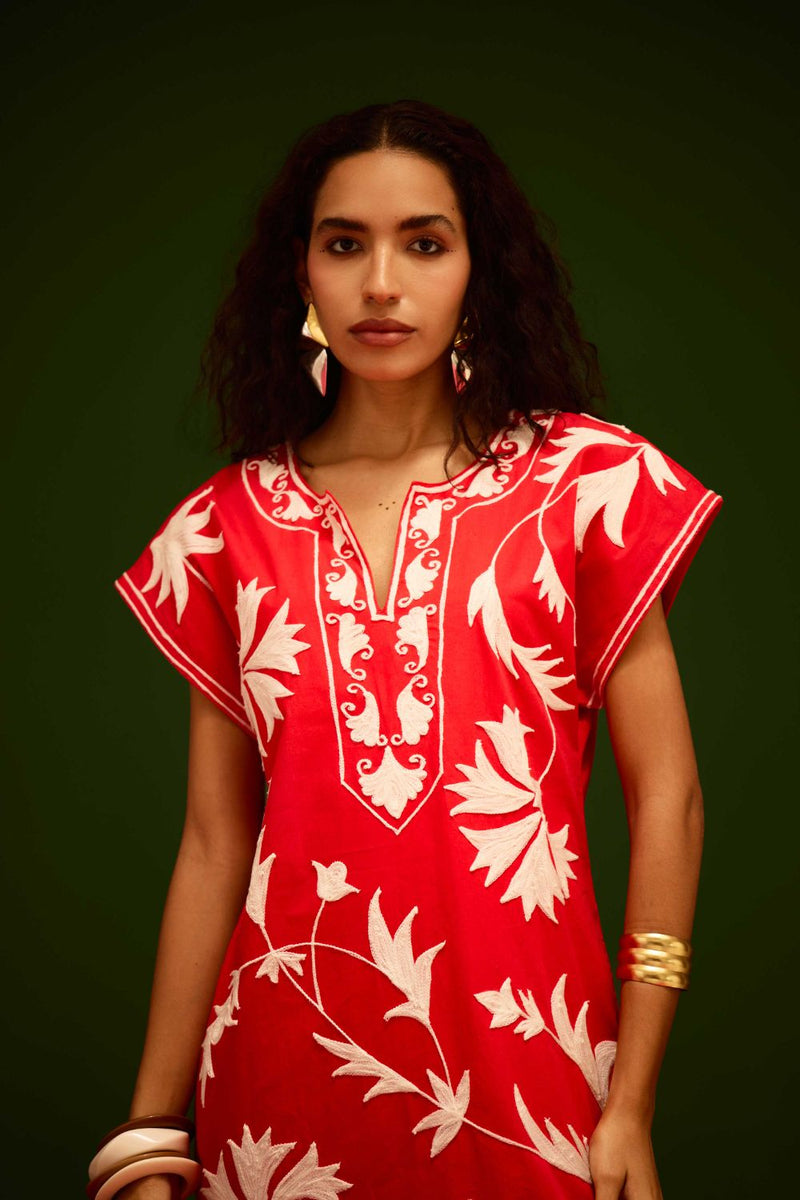 Scarlet Maxi Dress With Ivory Garden Thread Embroidery poplin by Indian Summer Story in orange color for women Worldwide