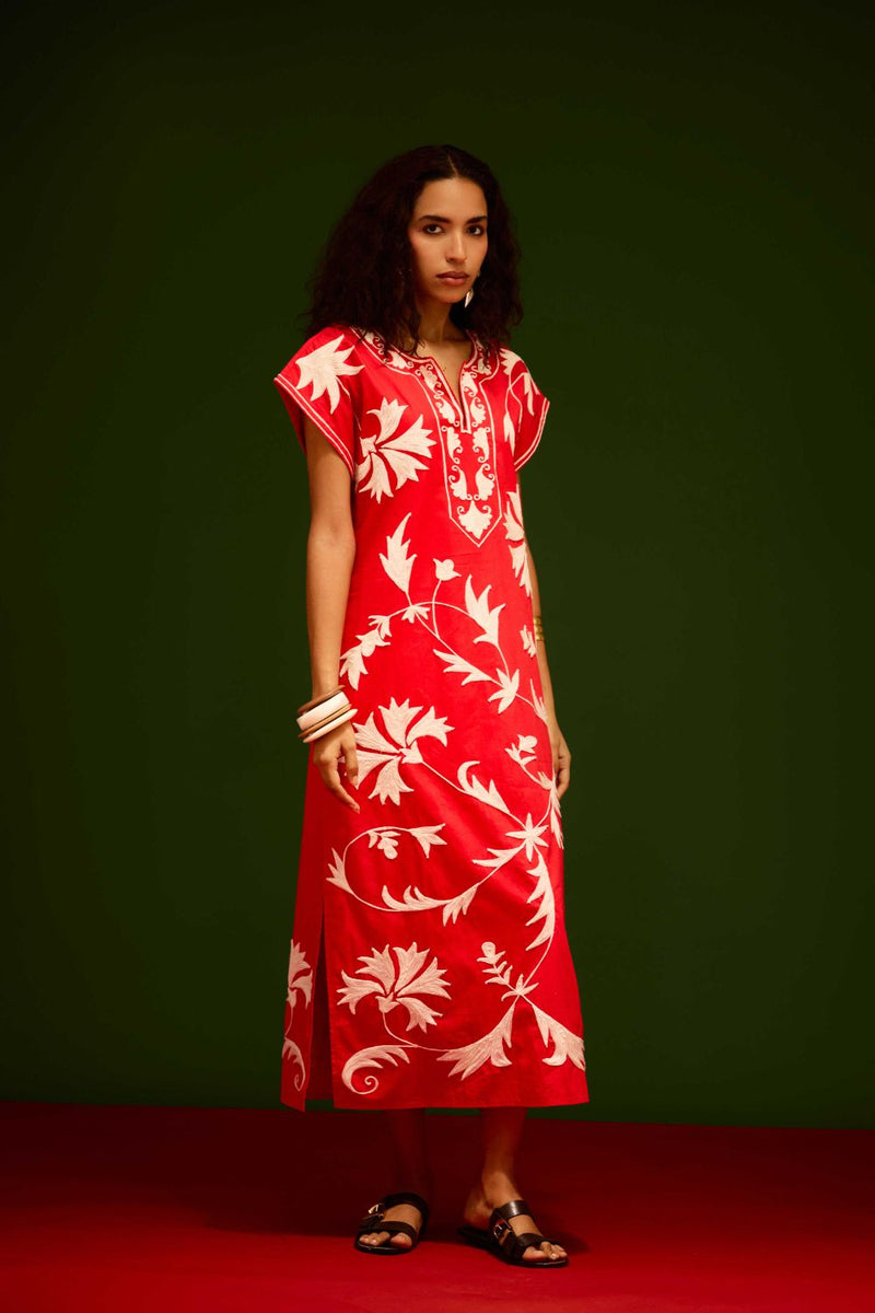 Scarlet Maxi Dress With Ivory Garden Thread Embroidery poplin by Indian Summer Story in orange color for women Worldwide