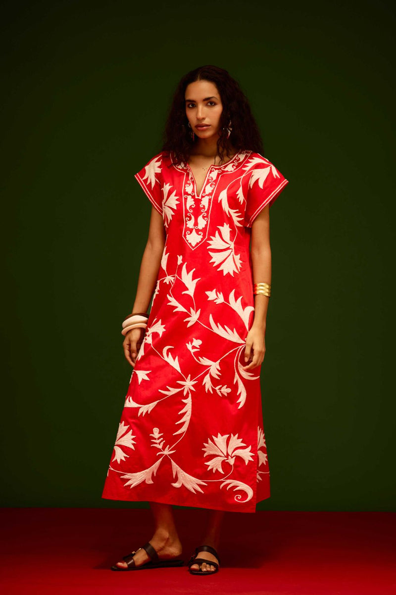 Scarlet Maxi Dress With Ivory Garden Thread Embroidery poplin by Indian Summer Story in orange color for women Worldwide