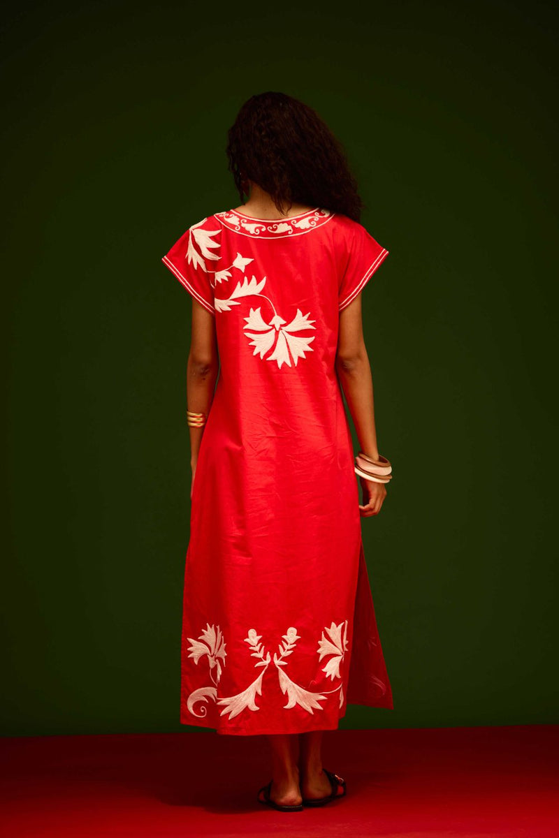Scarlet Maxi Dress With Ivory Garden Thread Embroidery poplin by Indian Summer Story in orange color for women Worldwide