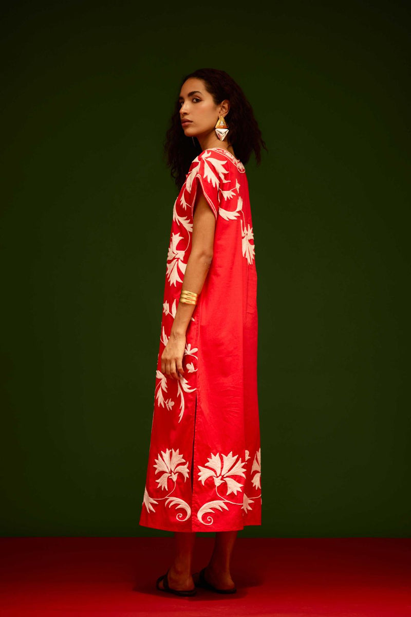 Scarlet Maxi Dress With Ivory Garden Thread Embroidery poplin by Indian Summer Story in orange color for women Worldwide