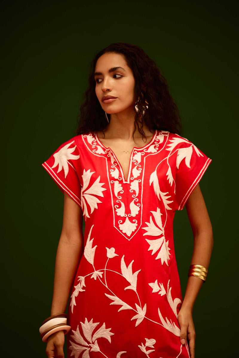 Scarlet Maxi Dress With Ivory Garden Thread Embroidery poplin by Indian Summer Story in orange color for women Worldwide