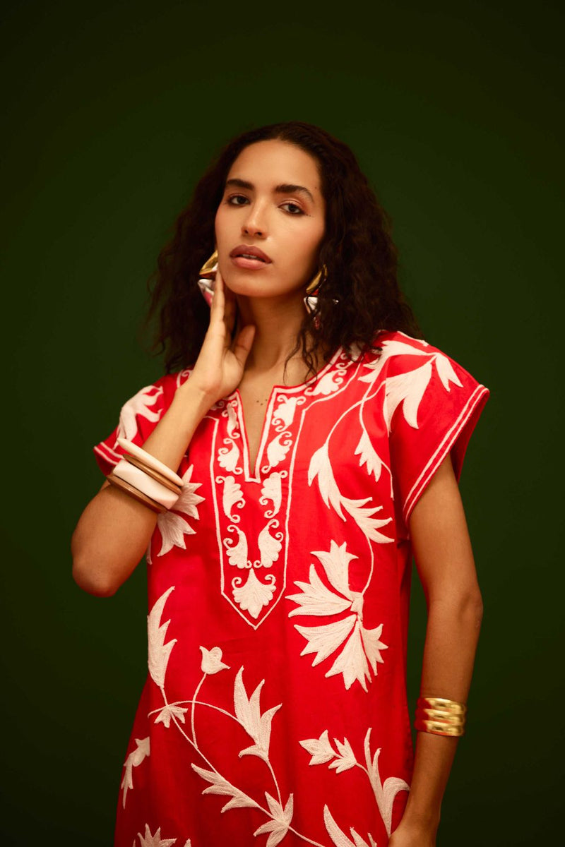 Scarlet Maxi Dress With Ivory Garden Thread Embroidery poplin by Indian Summer Story in orange color for women Worldwide