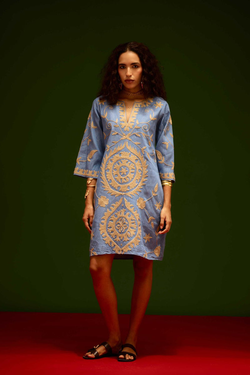 Denim Blue Dress With Natural Wave Thread Embroidery by Indian Summer Story in blue color for women Worldwide