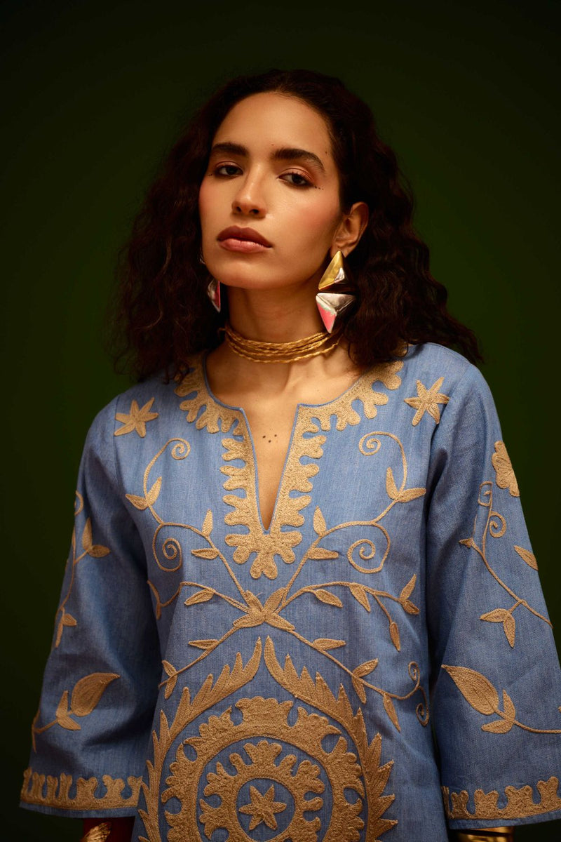 Denim Blue Dress With Natural Wave Thread Embroidery by Indian Summer Story in blue color for women Worldwide