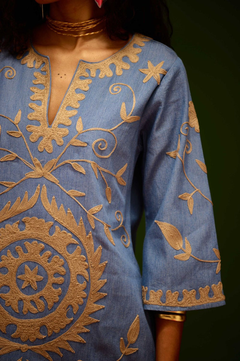 Denim Blue Dress With Natural Wave Thread Embroidery by Indian Summer Story in blue color for women Worldwide