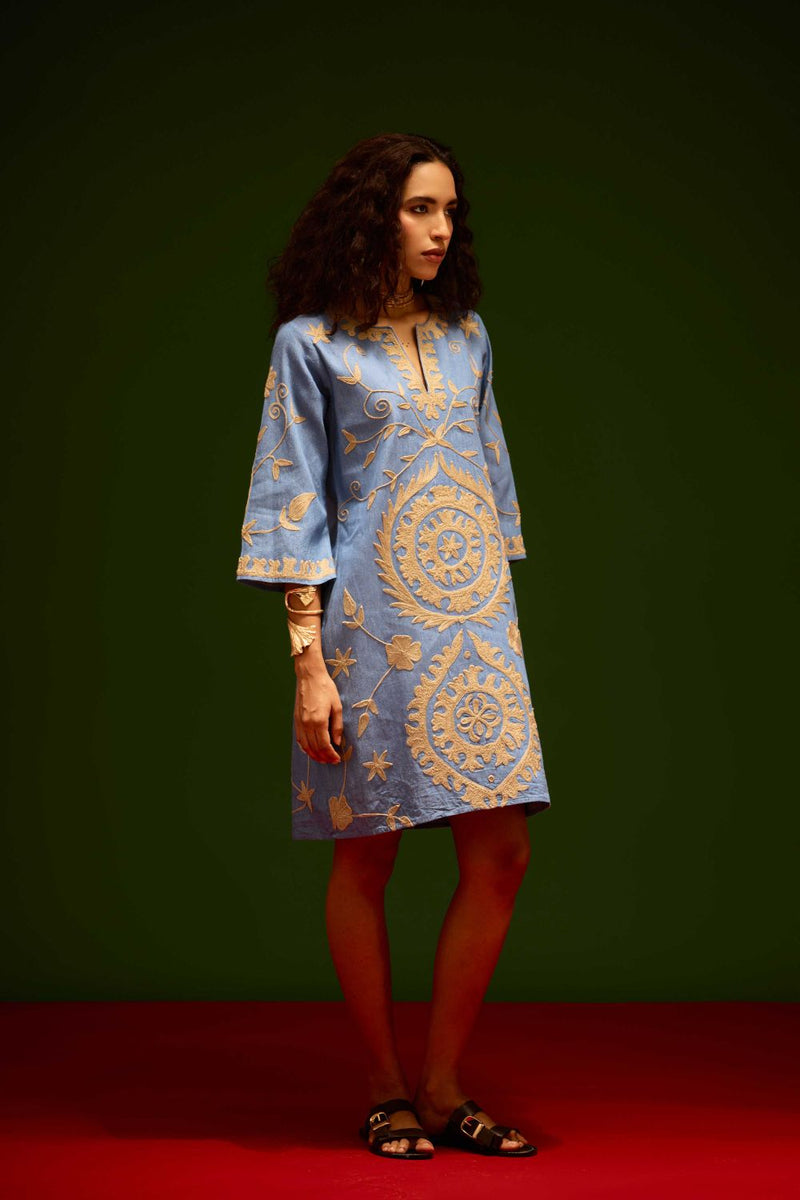 Denim Blue Dress With Natural Wave Thread Embroidery by Indian Summer Story in blue color for women Worldwide
