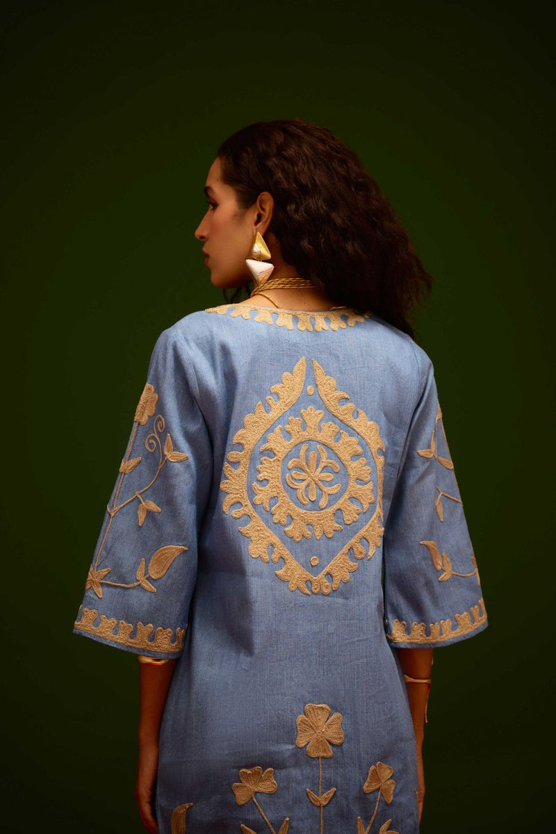 Denim Blue Dress With Natural Wave Thread Embroidery by Indian Summer Story in blue color for women Worldwide
