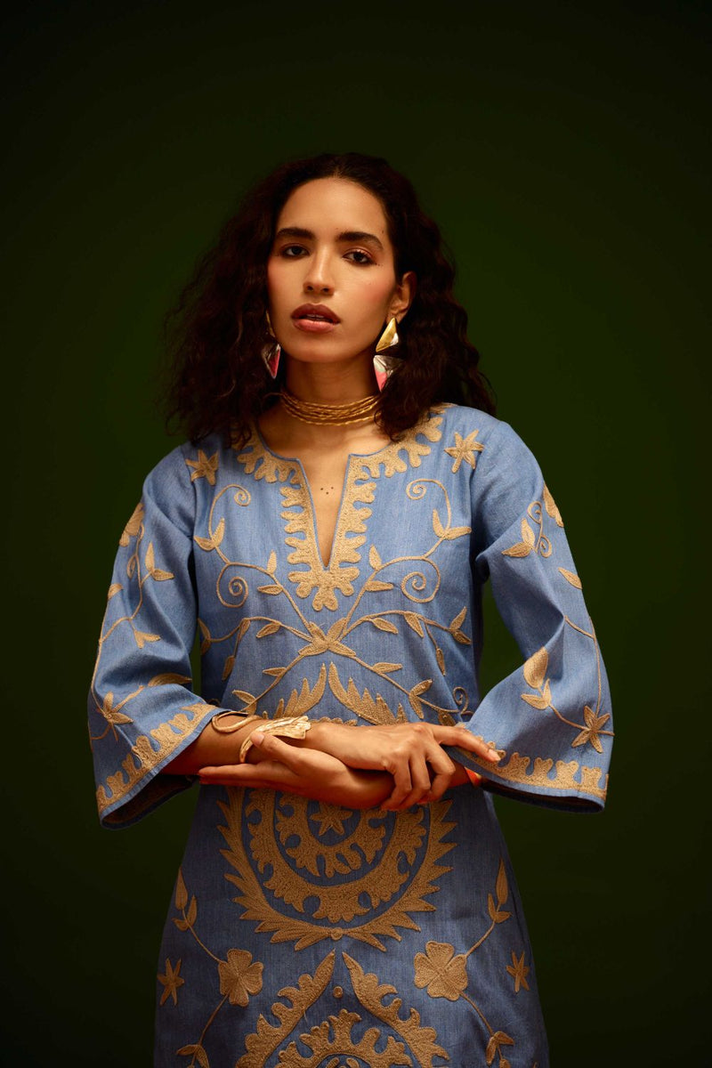 Denim Blue Dress With Natural Wave Thread Embroidery by Indian Summer Story in blue color for women Worldwide