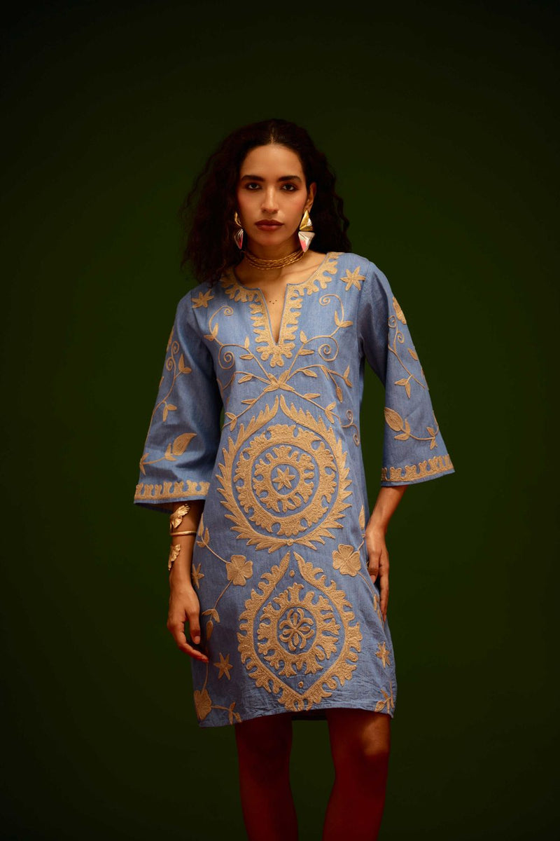 Denim Blue Dress With Natural Wave Thread Embroidery by Indian Summer Story in blue color for women Worldwide