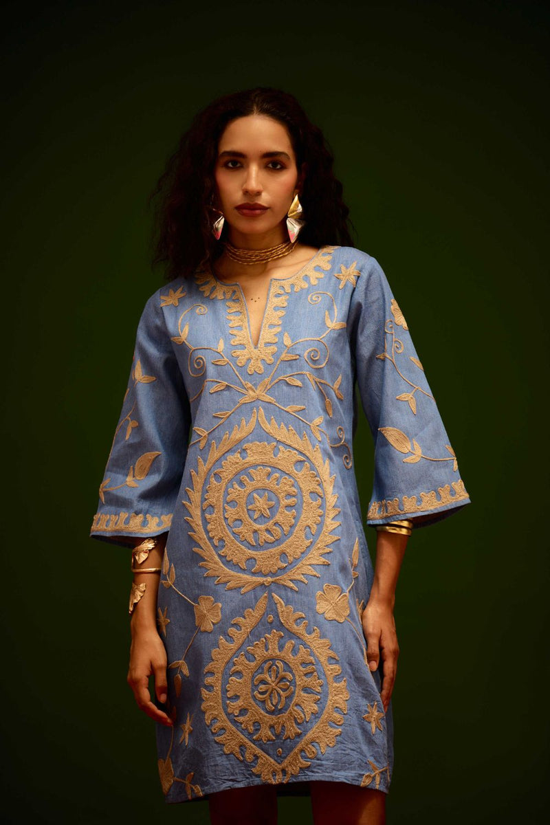 Denim Blue Dress With Natural Wave Thread Embroidery by Indian Summer Story in blue color for women Worldwide
