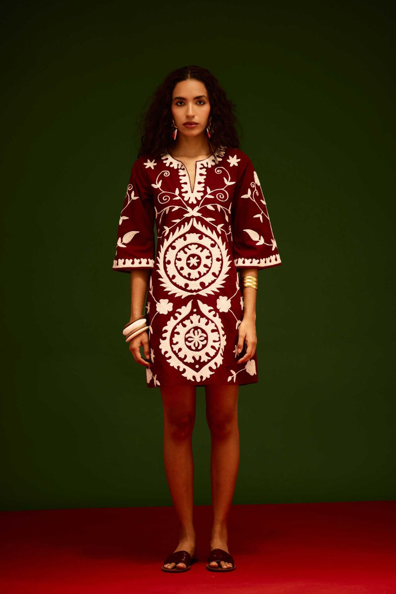 Burgundy Wine Cotton Dress With Ivory Wave Thread Embroidery by Indian Summer Story for women Worldwide