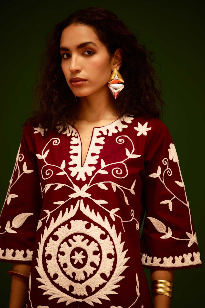 Burgundy Wine Cotton Dress With Ivory Wave Thread Embroidery by Indian Summer Story for women Worldwide