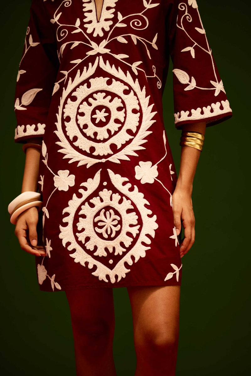 Burgundy Wine Cotton Dress With Ivory Wave Thread Embroidery by Indian Summer Story for women Worldwide