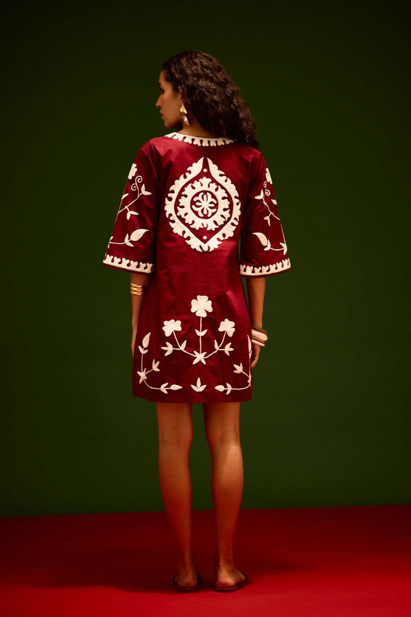 Burgundy Wine Cotton Dress With Ivory Wave Thread Embroidery by Indian Summer Story for women Worldwide