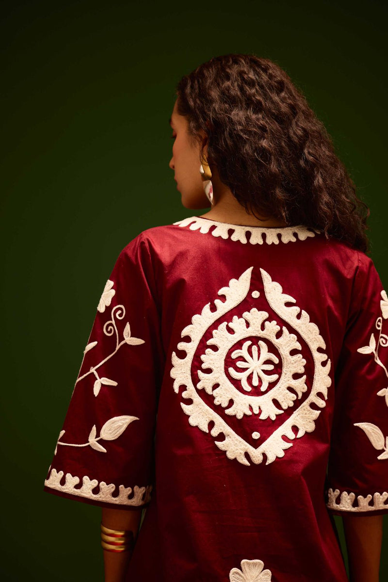 Burgundy Wine Cotton Dress With Ivory Wave Thread Embroidery by Indian Summer Story for women Worldwide