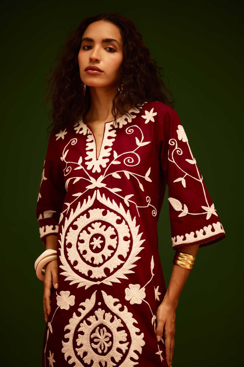Burgundy Wine Cotton Dress With Ivory Wave Thread Embroidery by Indian Summer Story for women Worldwide
