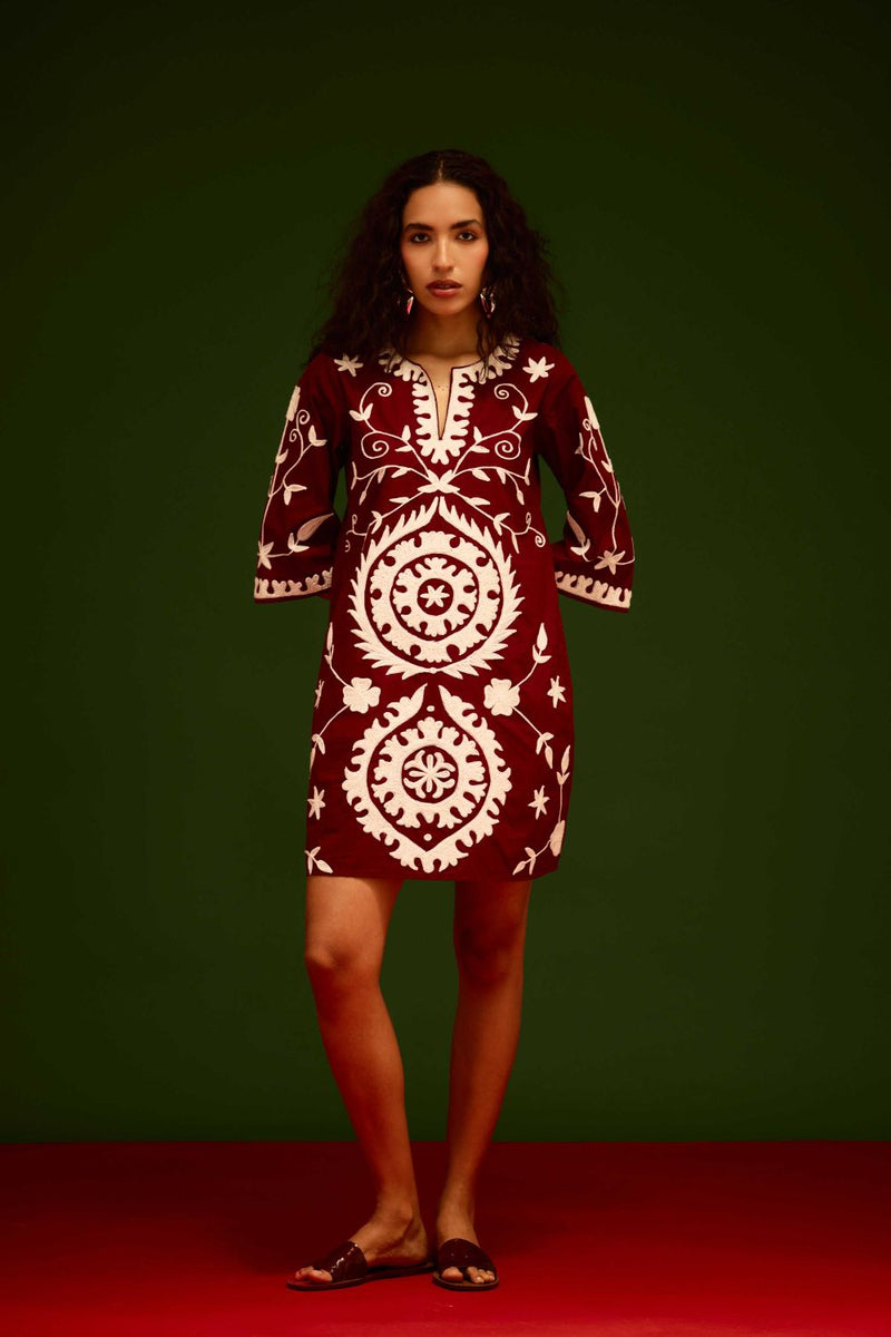 Burgundy Wine Cotton Dress With Ivory Wave Thread Embroidery by Indian Summer Story for women Worldwide