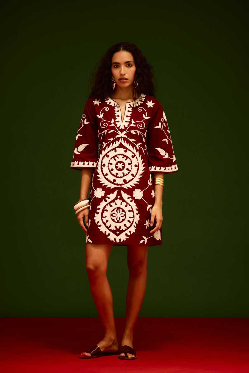 Burgundy Wine Cotton Dress With Ivory Wave Thread Embroidery by Indian Summer Story for women Worldwide