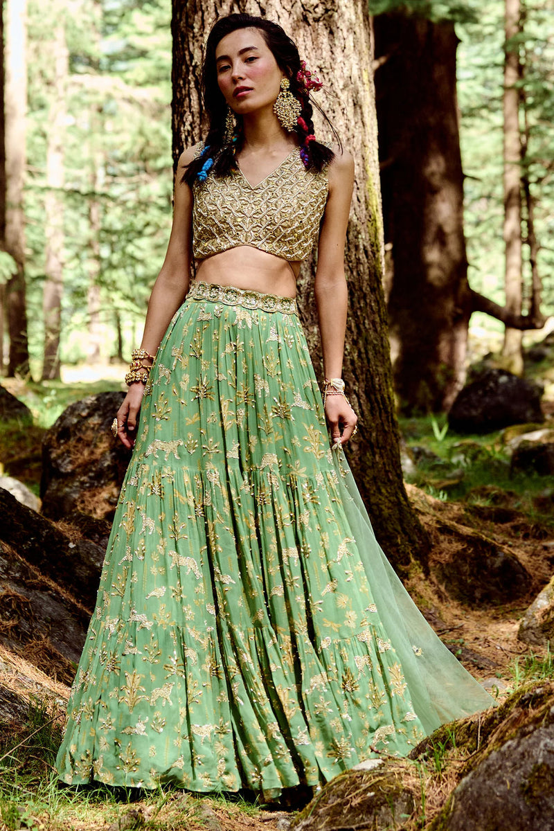 Twyla Lehenga Set georgettte by Paulmi & Harsh-kahan Sep'26 in green for women Worldwide