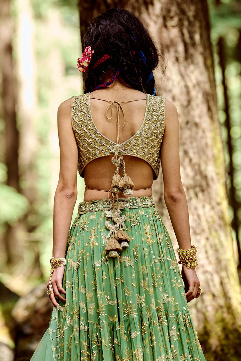 Twyla Lehenga Set georgettte by Paulmi & Harsh-kahan Sep'26 in green for women Worldwide