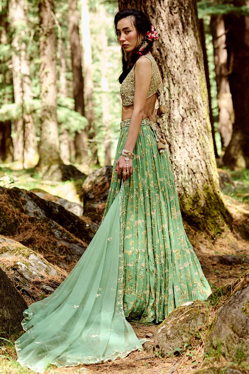 Twyla Lehenga Set georgettte by Paulmi & Harsh-kahan Sep'26 in green for women Worldwide