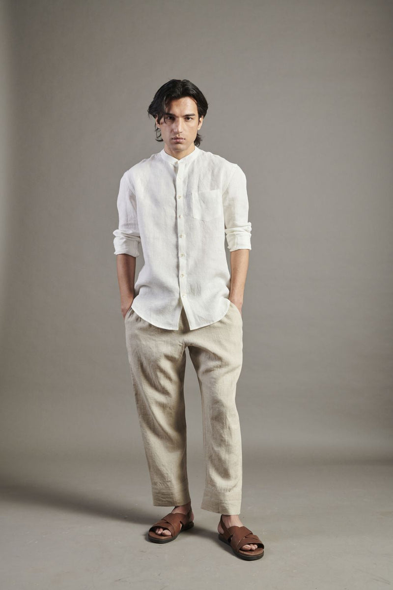 Taj Linen Band Collar Shirt linen by Saphed Men in white color for men Worldwide