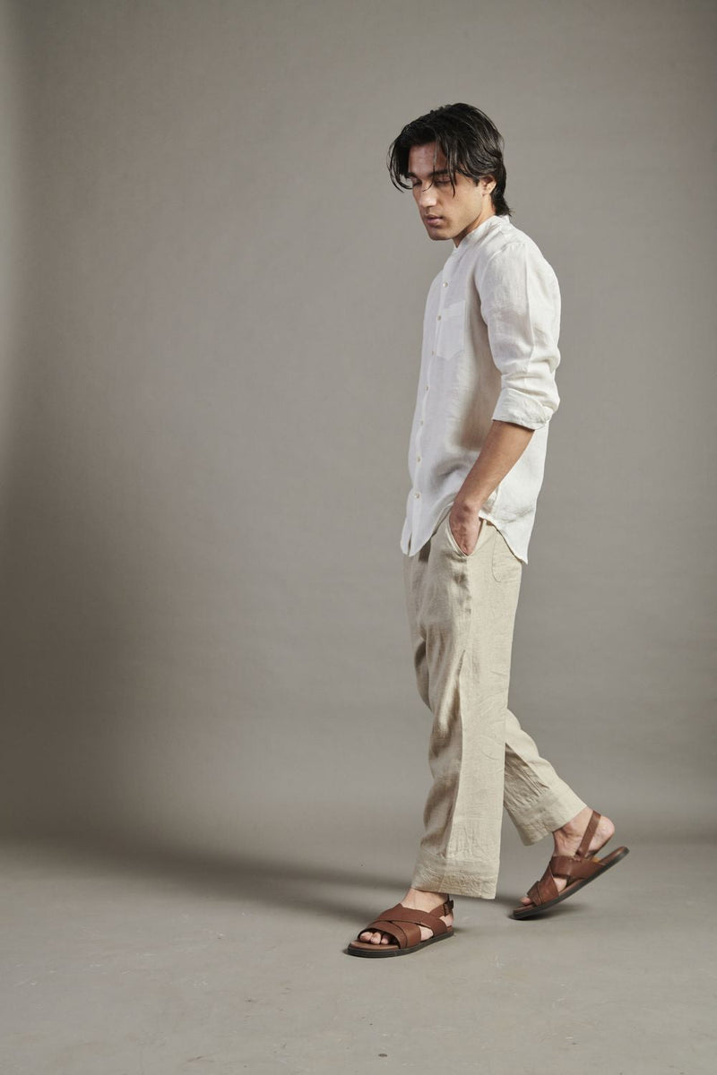 Taj Linen Band Collar Shirt linen by Saphed Men in white color for men Worldwide
