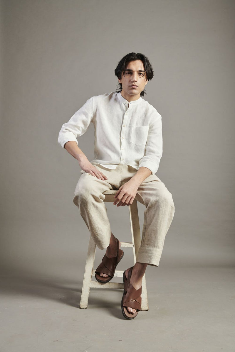 Taj Linen Band Collar Shirt linen by Saphed Men in white color for men Worldwide