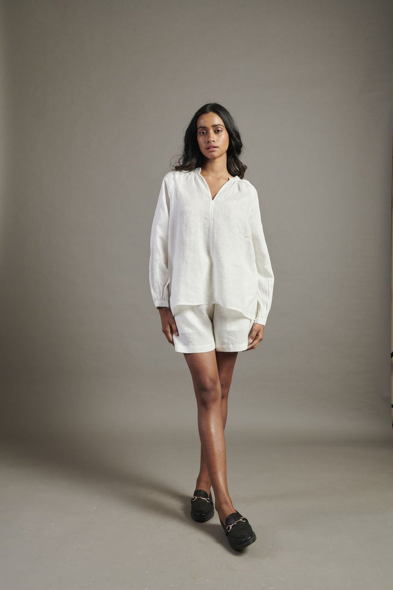 Taj Linen Billow Shorts Set linen by Saphed in white color for women Worldwide