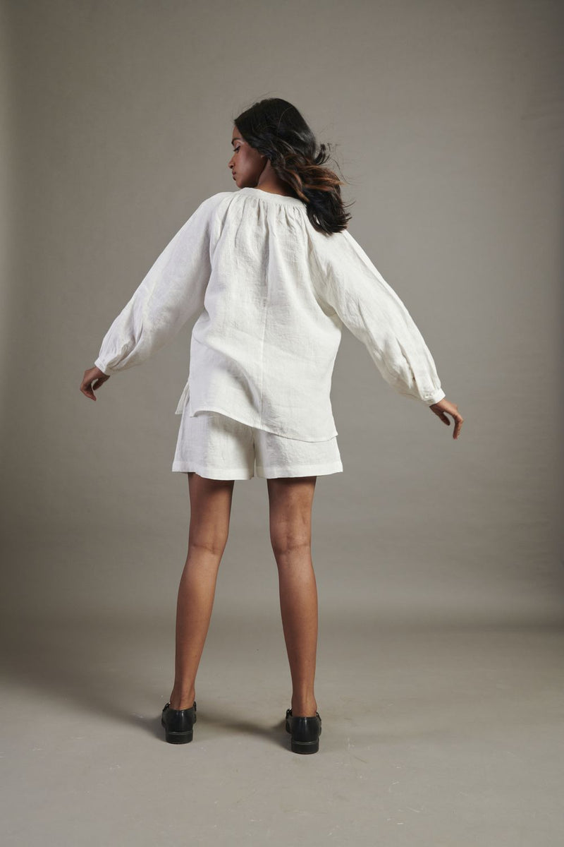 Taj Linen Billow Shorts Set linen by Saphed in white color for women Worldwide