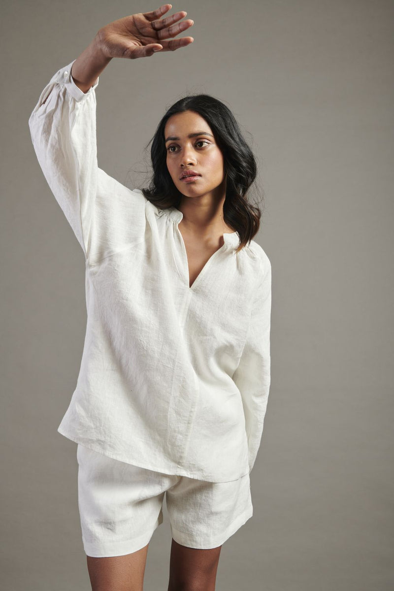 Taj Linen Billow Shorts Set linen by Saphed in white color for women Worldwide