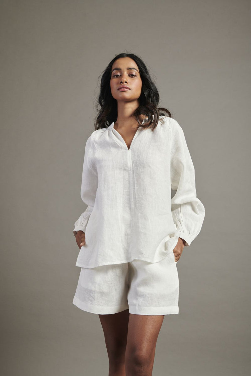 Taj Linen Billow Shorts Set linen by Saphed in white color for women Worldwide