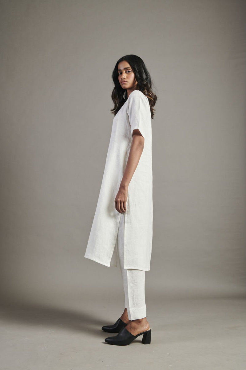 Taj Linen Half Sleeves Kurta Set linen by Saphed in white color for women Worldwide