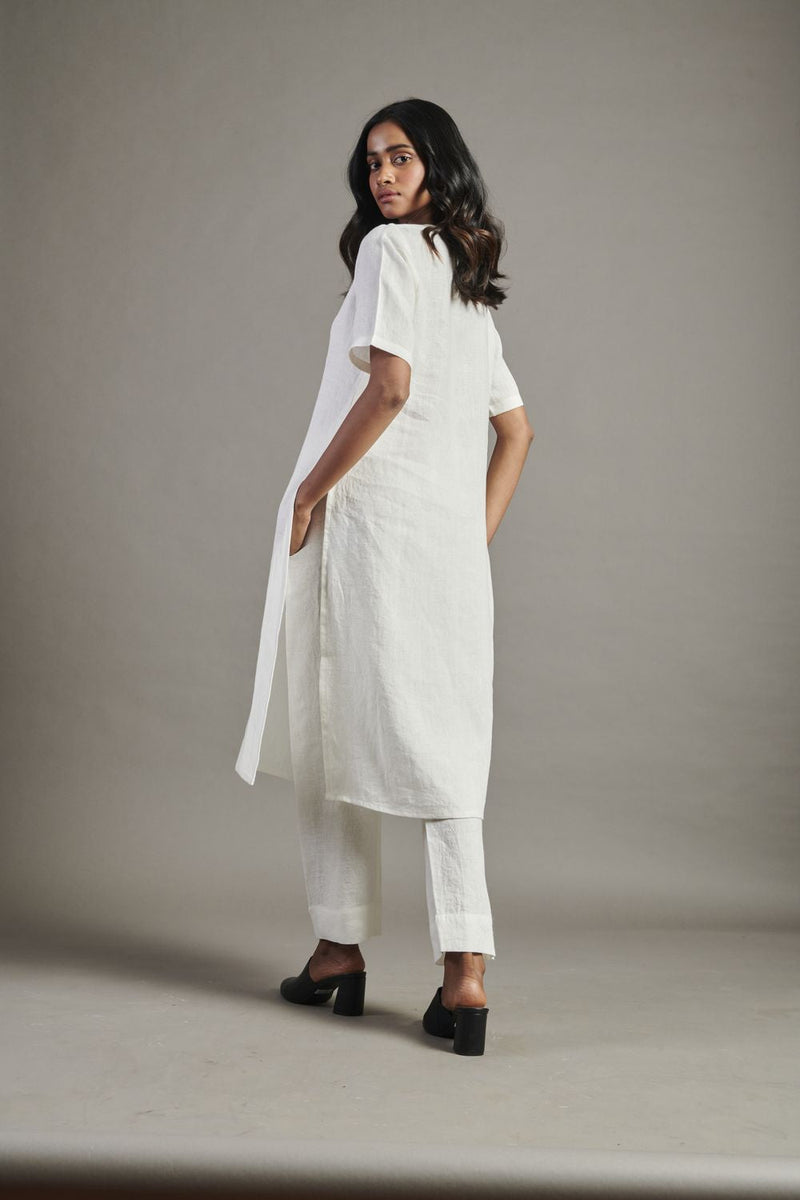 Taj Linen Half Sleeves Kurta Set linen by Saphed in white color for women Worldwide