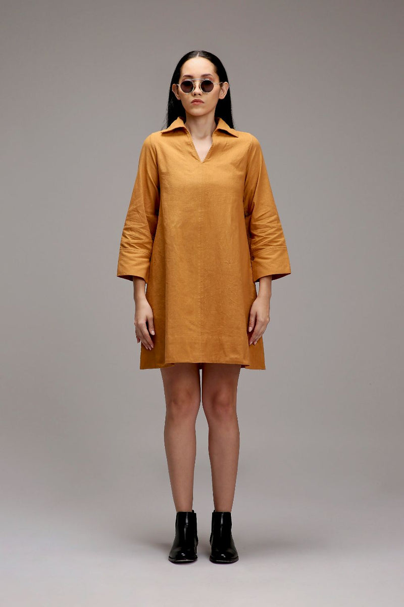 Tan-Brown A-Line Shift Dress cotton by Mati in brown color for women Worldwide