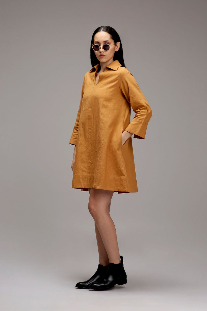 Tan-Brown A-Line Shift Dress cotton by Mati in brown color for women Worldwide