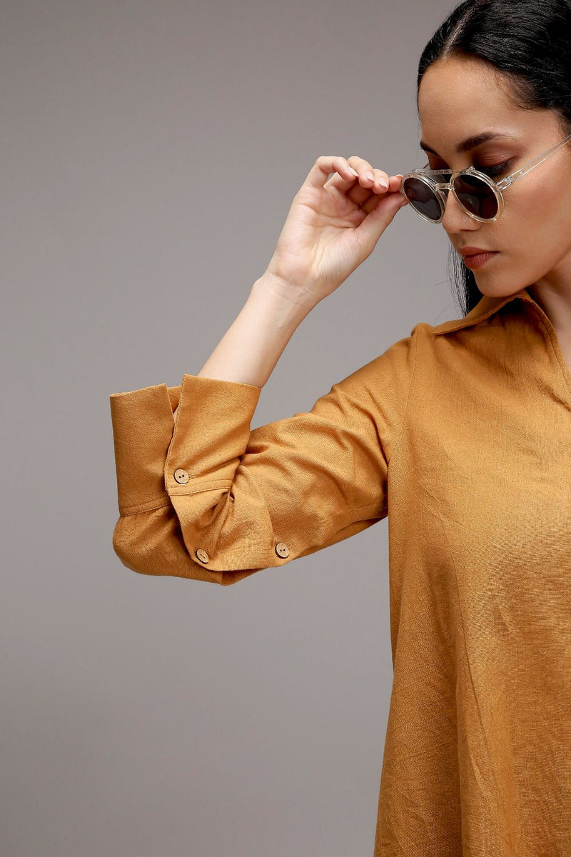Tan-Brown A-Line Shift Dress cotton by Mati in brown color for women Worldwide