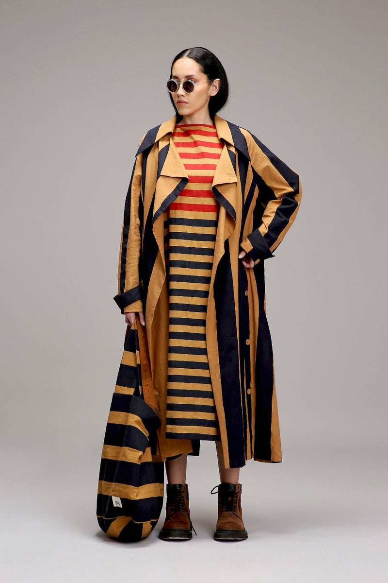 Tan-Brown Big Striped Trench Jacket cotton by Mati in brown color for women Worldwide