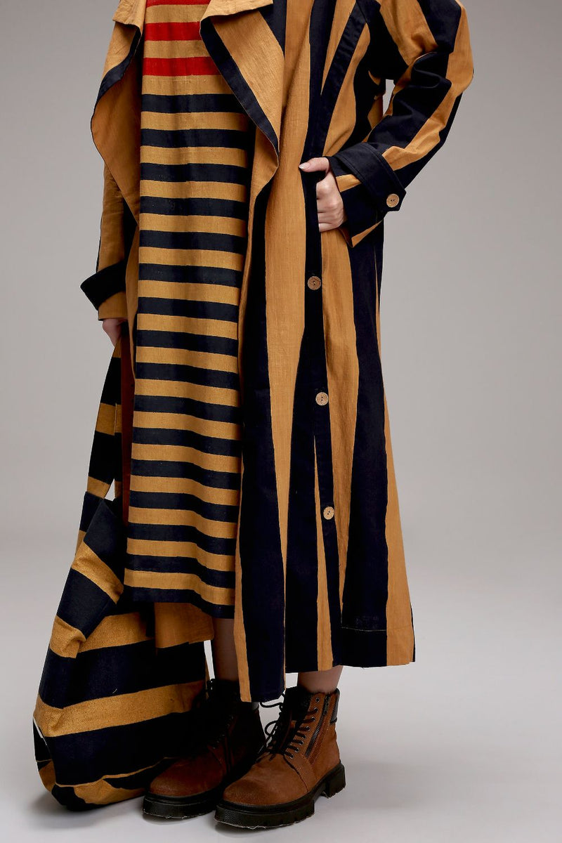 Tan-Brown Big Striped Trench Jacket cotton by Mati in brown color for women Worldwide