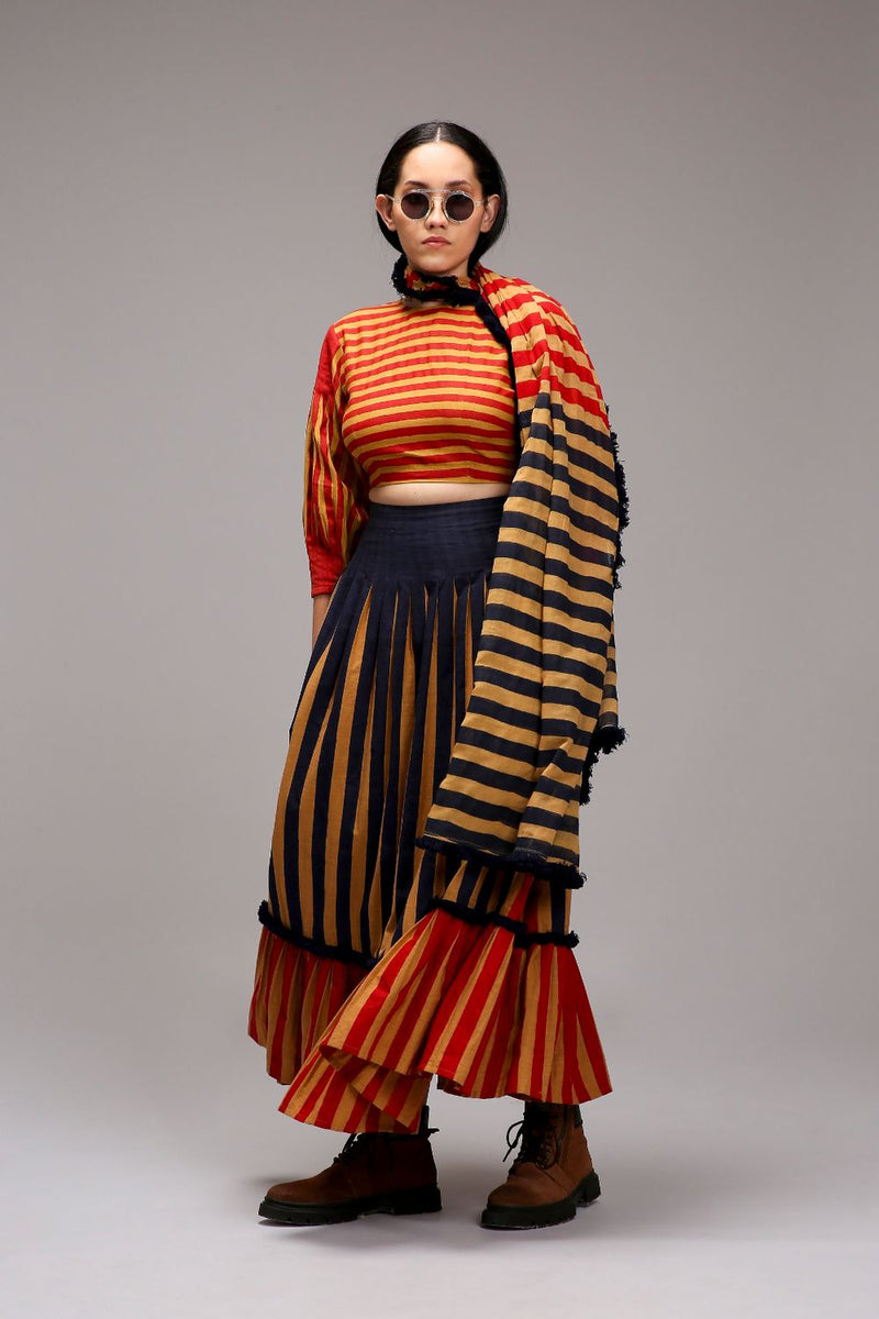 Tan-Brown Blue Red Dual Striped Skirt cotton by Mati in brown color for women Worldwide